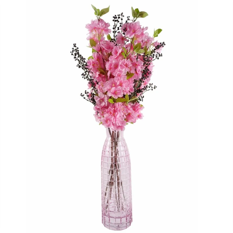 Image of Leaf Leaf 100cm Pink Artificial Blossom and Berries Glass Vase Dark Pink
