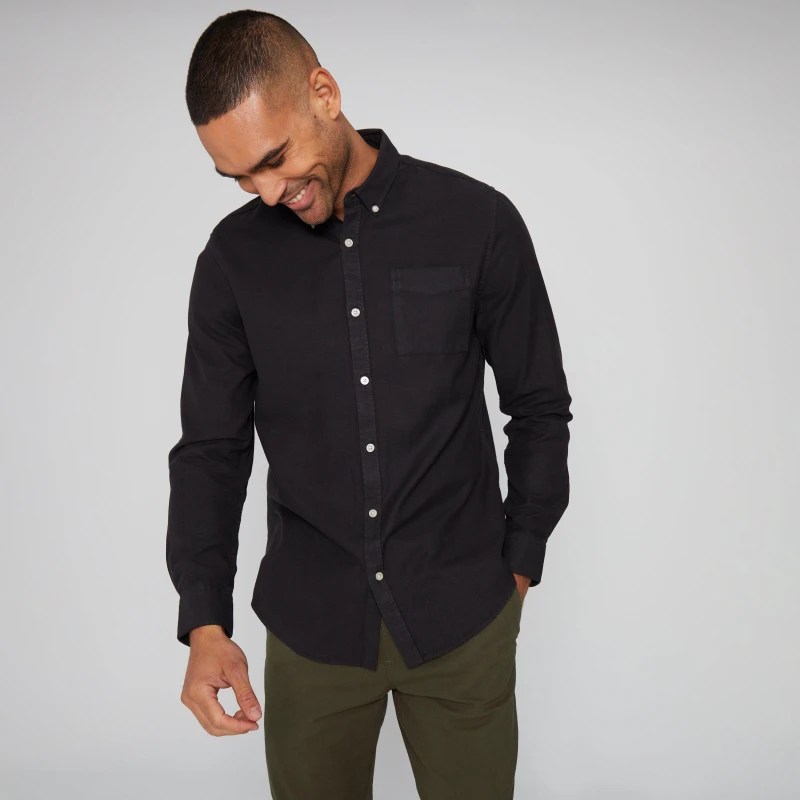 Image of Threadbare 'Square' Long Sleeve Soft Feel Cotton Blend Shirt Black