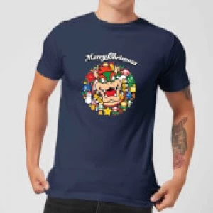 Image of Nintendo Super Mario Bowser Merry Christmas Wreath Navy T-Shirt - M - Navy