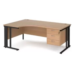 image of Office Desk Left Hand Corner Desk 1800mm With Pedestal Beech Top With Black Frame 1200mm Depth Maestro 25 MCM18ELP3KB