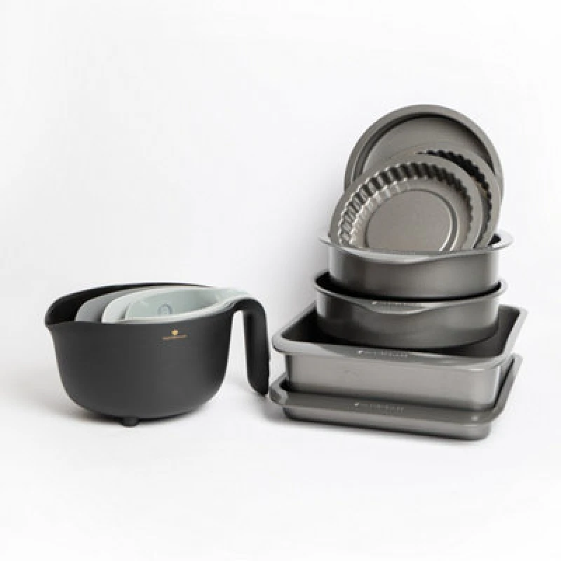 Image of Masterclass MasterClass Set of GIft-Boxed Smart Space Stacking Non-Stick Cake Baking Set 7 Piece, Smart Space Four Piece Bowl Set Black
