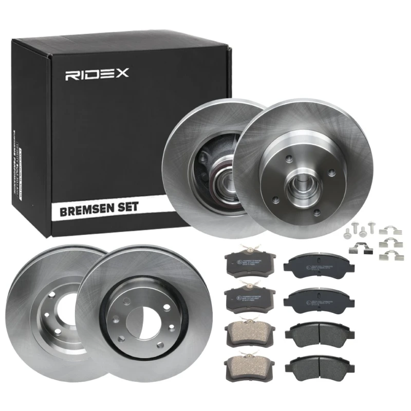 Image of RIDEX 3405B1734 Brake disc and pads set with accessories, Front Axle, Brake Disc Type: Externally Vented, not prepared for wear warning indicator Bra
