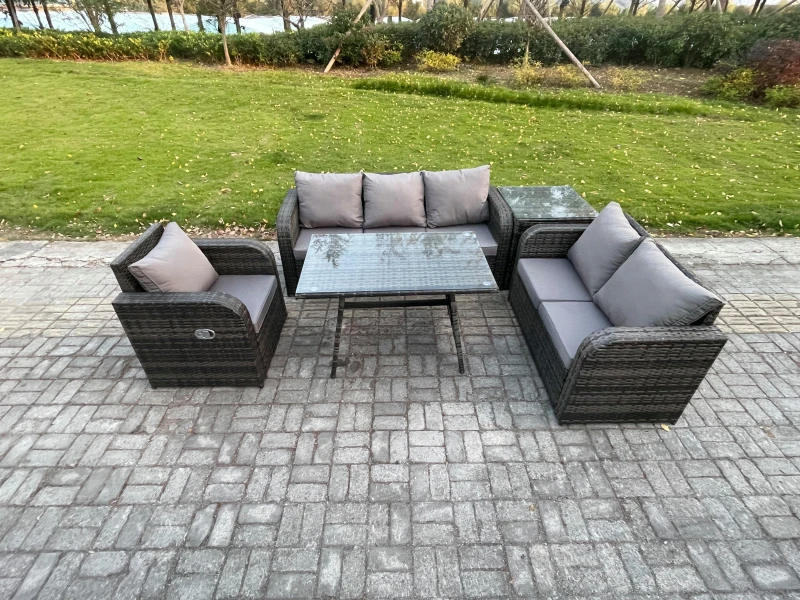 Image of Fimous 6 Seater Outdoor Rattan Garden Furniture Set Patio Lounge Sofa Set with Dining Table Side Table Dark Grey Mixed Dark Grey