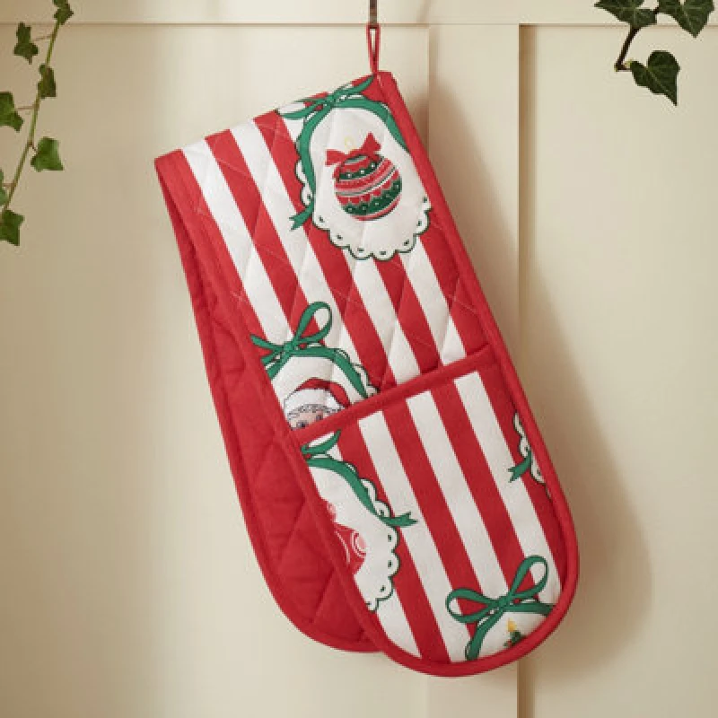 Image of Catherine Lansfield Christmas Vintage Stripe Cotton Kitchen Double Oven Glove Red