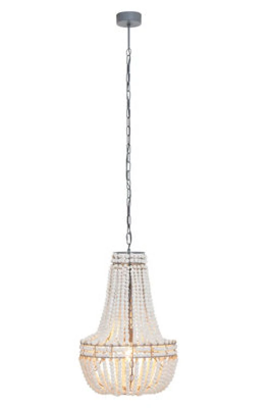 Image of Orsina White Grey Boho Chandelier, Wooden Beaded Hanging Ceiling Light, Basket Drop Handmade Pendant, Light Fixture