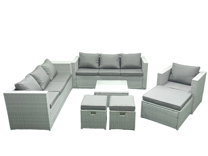 Image of Fimous Wicker PE Rattan Sofa Garden Furniture Set with Armchair Square Coffee Table 3 Footstools Light Grey Mixed Light Grey