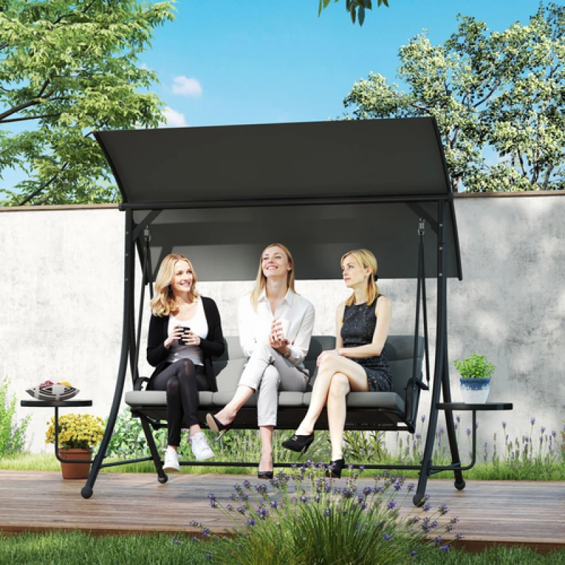 Image of Outsunny 3 Seat Garden Swing Chair Steel w/ Adjustable Canopy and Coffee Tables, Grey 84A-162V01CG