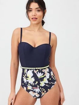 image of Panache Florentine Moulded Bandeau Swimsuit - Navy/Floral, Navy Floral, Size 30E, Women