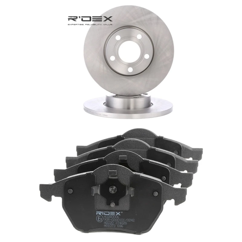 Image of RIDEX 3405B2545 Brake disc and pads set Front Axle, Brake Disc Type: Solid, excl. wear warning contact Brake Set,disc brakes (3405)