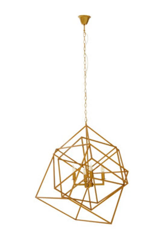 Image of Orsina Brass Finish Four Bulb Pendant Light, Modern Cube Frame Hanging Light, Minimalist Luxe Lighting Fixture