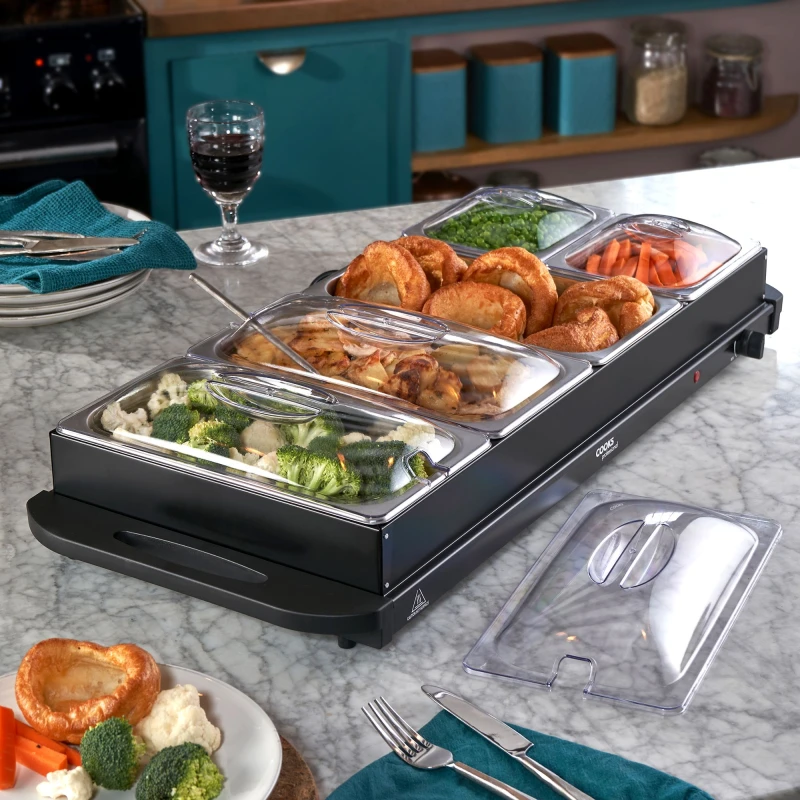 Image of Cooks Professional 5-Section Buffet Warmer 9.6L with Hotplate Function & Adjustable Temp in Black Unisex