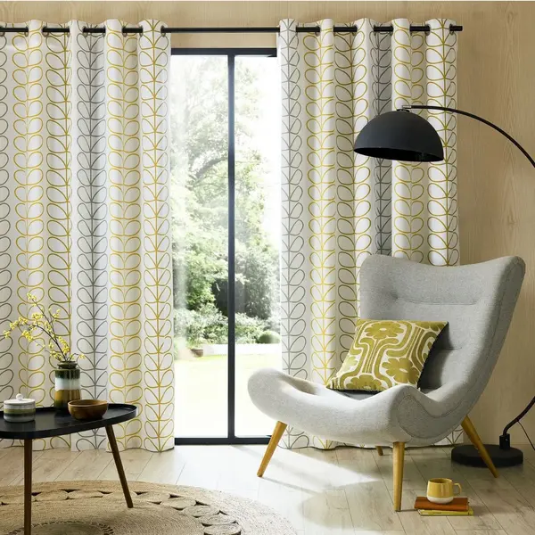 image of Orla Kiely Trio Stem Lined Curtains, 168 x 137cm, Ochre