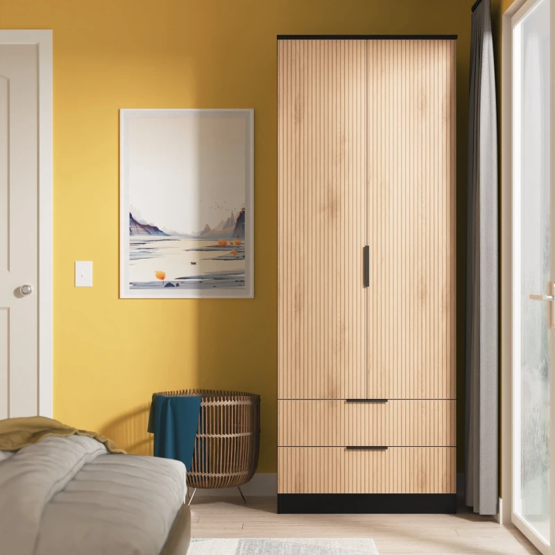Image of Welcome Furniture Ltd Java Tall Double 2 Drawer Wardrobe in Slat Effect & Black - Ready Assembled, Black JAV081SEBK