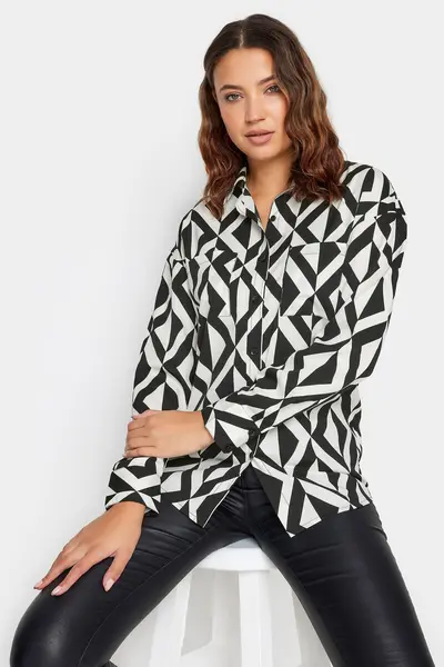 image of Long Tall Sally Tall Geometric Print Longline Shirt Black