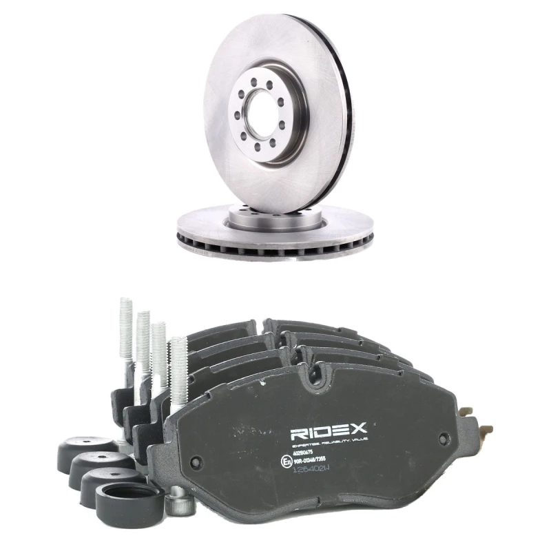 Image of RIDEX 3405B2043 Brake disc and pads set Front Axle, Brake Disc Type: internally vented, prepared for wear warning indicator Brake Set,disc brakes (34
