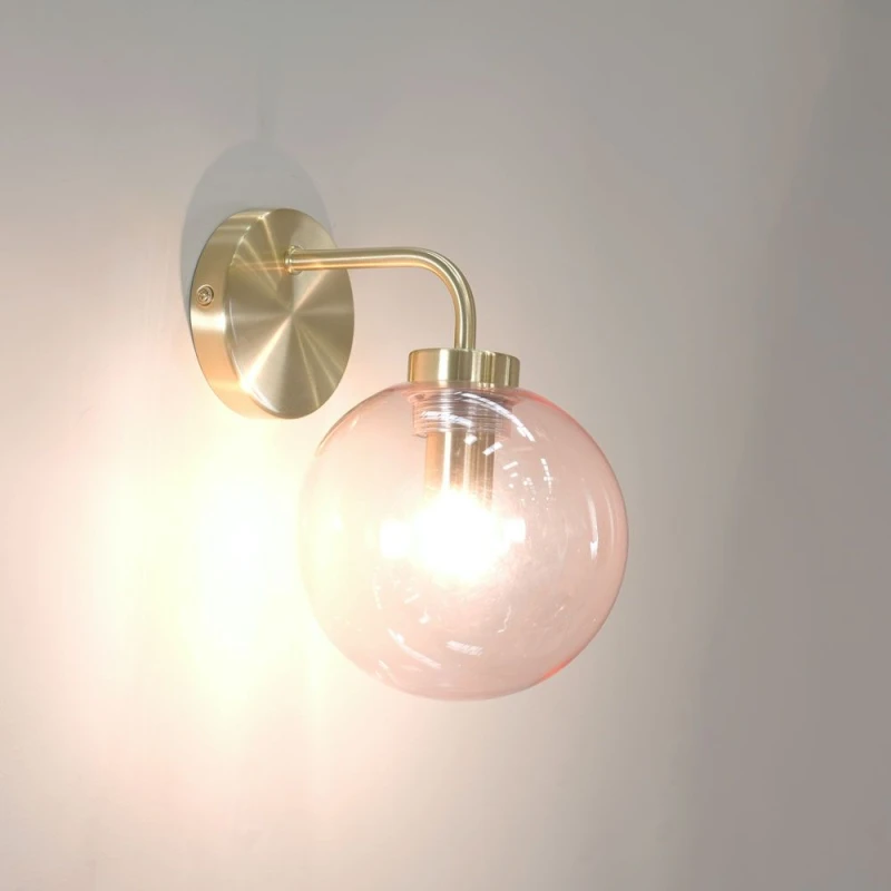 Image of ValueLights Frenchie Pair of Pink Tinted Glass Globe Single Gold Stem Wall Lights and Bulbs Pink