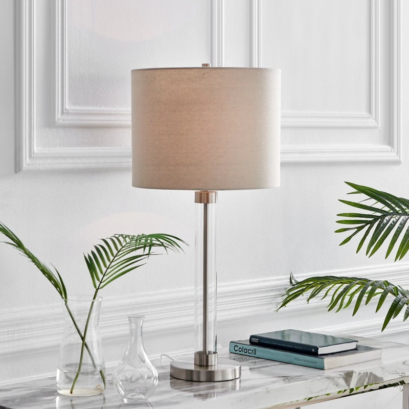 Image of FurnitureboxUK FurnitureboxUK Esme Clear Glass & Silver Metal Table Lamp Light With Fabric Shade (Including Bulb) in Grey Grey One Size Unisex 5056542