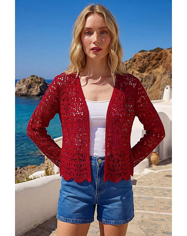Image of Roman Originals Roman Crochet Edge To Edge Cardigan Burgundy - Roman Originals - Size: 10 Burgundy Female 10 HH95901