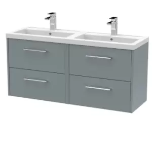 image of Hudson Reed Juno 1200mm Wall Hung 4 Drawer Vanity & Double Polymarble Basin - Coastal Grey