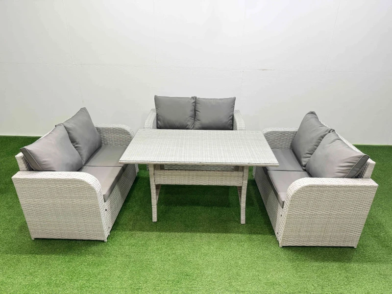 Image of Fimous 6 Seater PE Wicker Rattan Furniture Sofa Sets with Rectangular Dining Table 2 Seater Love Sofa Light Grey Light Grey