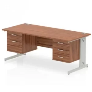 Image of Impulse 1600 Rectangle Silver Cable Managed Leg Desk WALNUT 1 x 2 Drawer 1 x 3 Drawer Fixed Ped