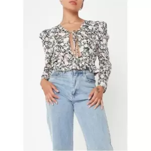 image of Missguided Floral Print Tie Front Puff Sleeve Peplum Top - Multi