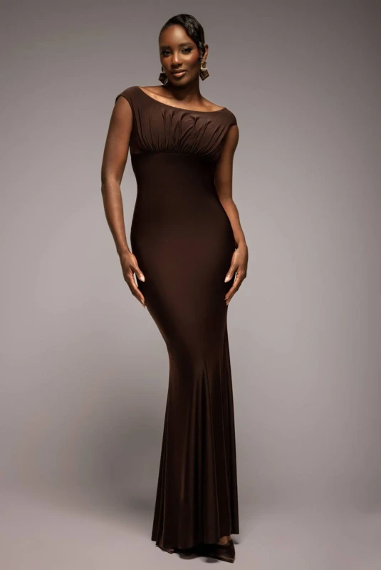 Image of Goddiva Womens Open Back Cowl Neck Gathered Maxi Dress With Velvet Tie Back in Brown Size: 8 Brown Female 8