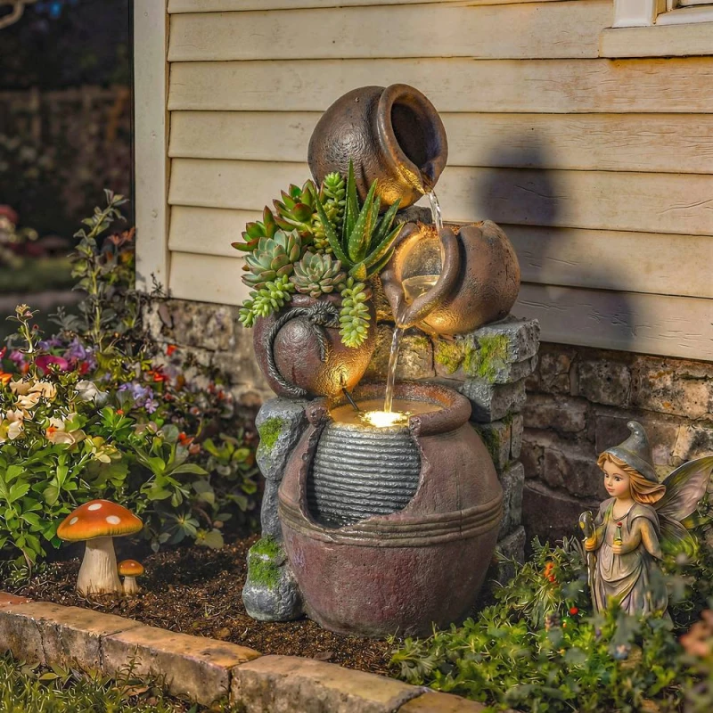 Image of OUTSUNNY Outdoor Fountain with LED Lights, 4-Tier Garden Fountain in Brown Brown Unisex