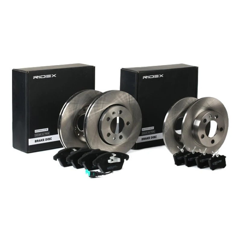 Image of RIDEX 3405B1696 Brake disc and pads set Front Axle, Brake Disc Type: Vented, incl. wear warning contact Brake Set,disc brakes (3405)