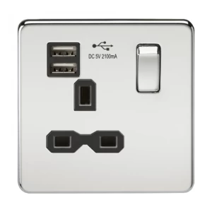 image of KnightsBridge 1G 13A Screwless Polished Chrome 1G Switched Socket with Dual 5V USB Charger Ports - Black Insert