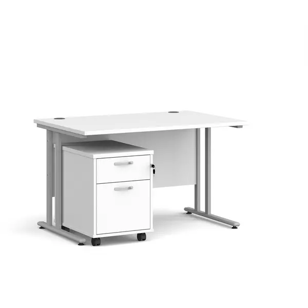 image of Maestro 25 Straight Desk with Silver Cantilever Frame and 2 Drawer Pedestal - White - 1200mm x 800mm