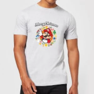 Image of Nintendo Super Mario Mario Merry Christmas Wreath Grey T-Shirt - L