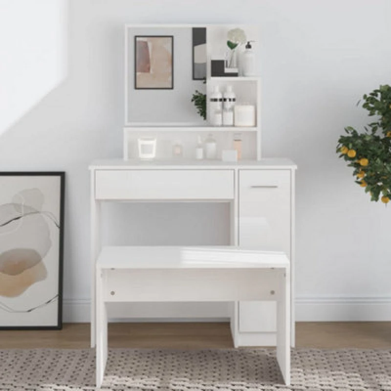 Image of Vidaxl Dressing Table With Mirror High Gloss White 86.5X35X136 Cm, White 802963