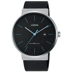 image of Lorus RH981KX9 Mens Black Leather Strap Dress Watch with Black Dial