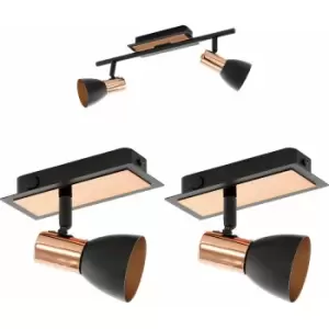 Image of Twin Ceiling Spot Light & 2x Matching Wall Lights Black Copper Adjustable Shade