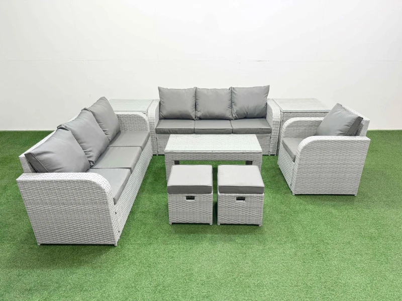 Image of Fimous 9 Seater Poly Rattan Outdoor Garden Furniture Oblong Coffee Table Sofa Set Patio 3 Seater Sofa Reclining Chair 3 Seater Sofa Stools 2 Side Tabl