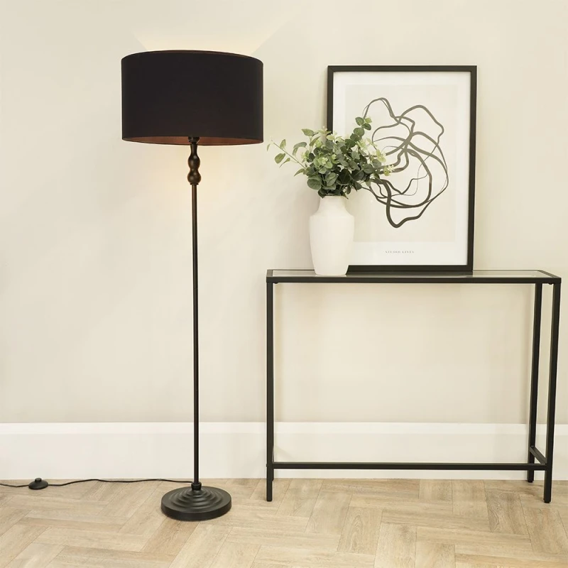 Image of ValueLights Maggie Black Metal Candlestick Floor Lamp with Fabric Lamp Shade Black