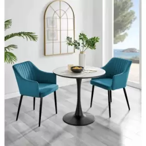 Image of Furniture Box Elina White Marble Effect Round Dining Table and 2 Blue Calla Black Leg Chairs