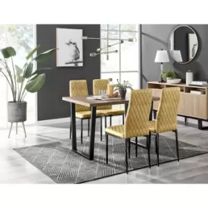 Image of Furniturebox UK - Furniturebox Kylo Brown Wood Effect Dining Table & 4 Mustard Milan Velvet Dining Chairs With Black Legs Diamond Stitch Modern