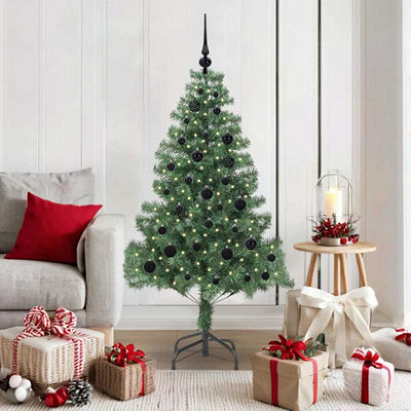 Image of vidaXL Christmas Tree with 150 LEDs, Black Balls with Stand Green 150cm PVC, Green 3396368