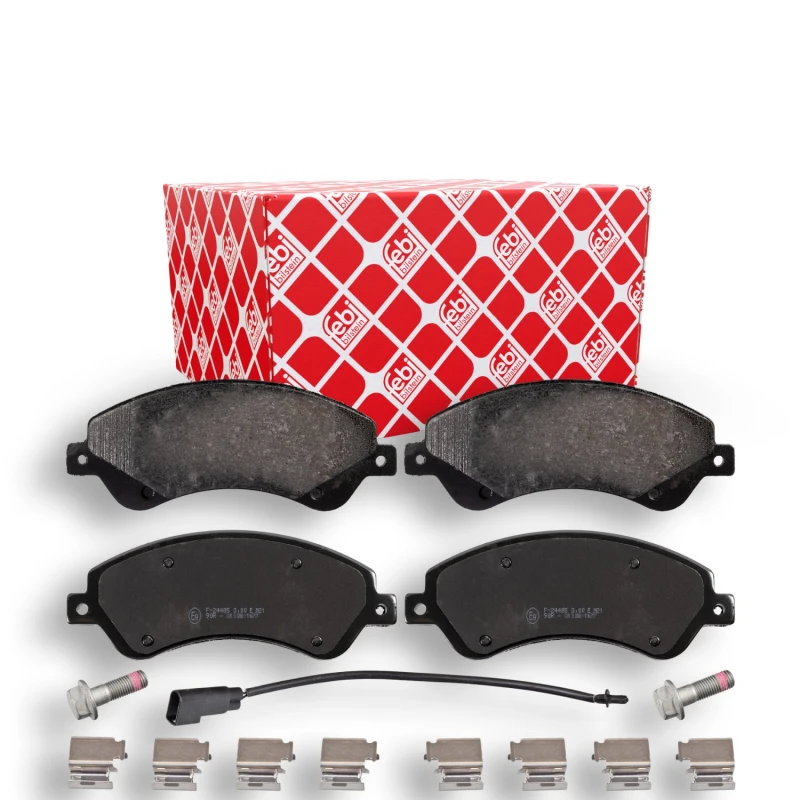 Image of FEBI BILSTEIN 16673 Brake pad set Front Axle, incl. wear warning contact, with fastening material Brake Pad Set,disc brake (402)
