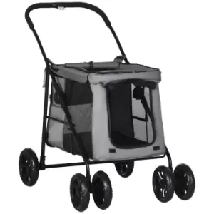 Image of PawHut One Click Foldable Pet Stroller Dog Cat Travel Pushchair with EVA Wheels Storage Bags Mesh Windows Safety Leash Cushion for Small Pets Grey