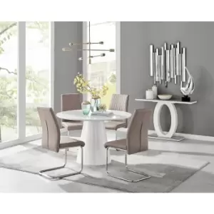 Image of Furniturebox Palma White High Gloss 4 Seat Minimalist Post Modern Round Dining Table & 4 Cappuccino Lorenzo Faux Leather Chairs