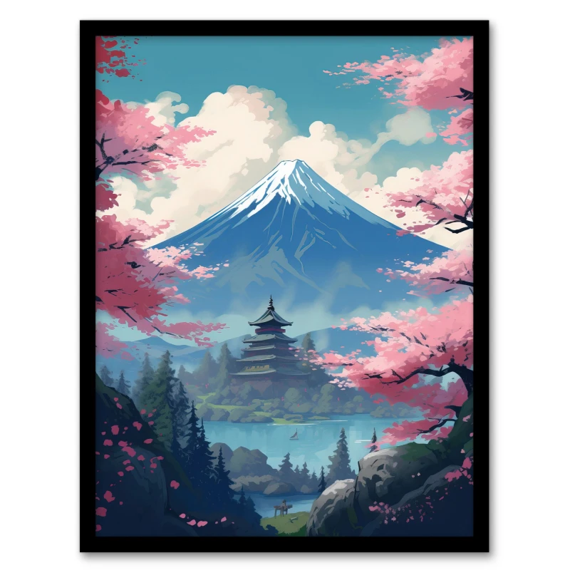 Image of Artery8 Japanese Temple On Mount Fuji Lake Green Black Framed Wall Art Print A4, Blue UA4MDJ002160