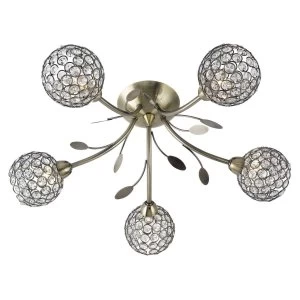 image of 5 Light Semi Flush Multi Arm Ceiling Light Antique Brass and Glass, G9