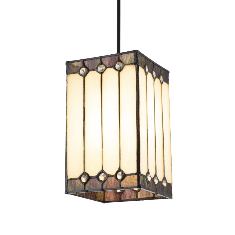 Image of Happy Homewares Square Lantern Opal White Stained Glass Tiffany Pendant Shade with Clear Beads White Unisex