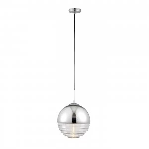 Image of 1 Light Globe Ceiling Pendant Clear Ribbed Glass, Chromed, E14