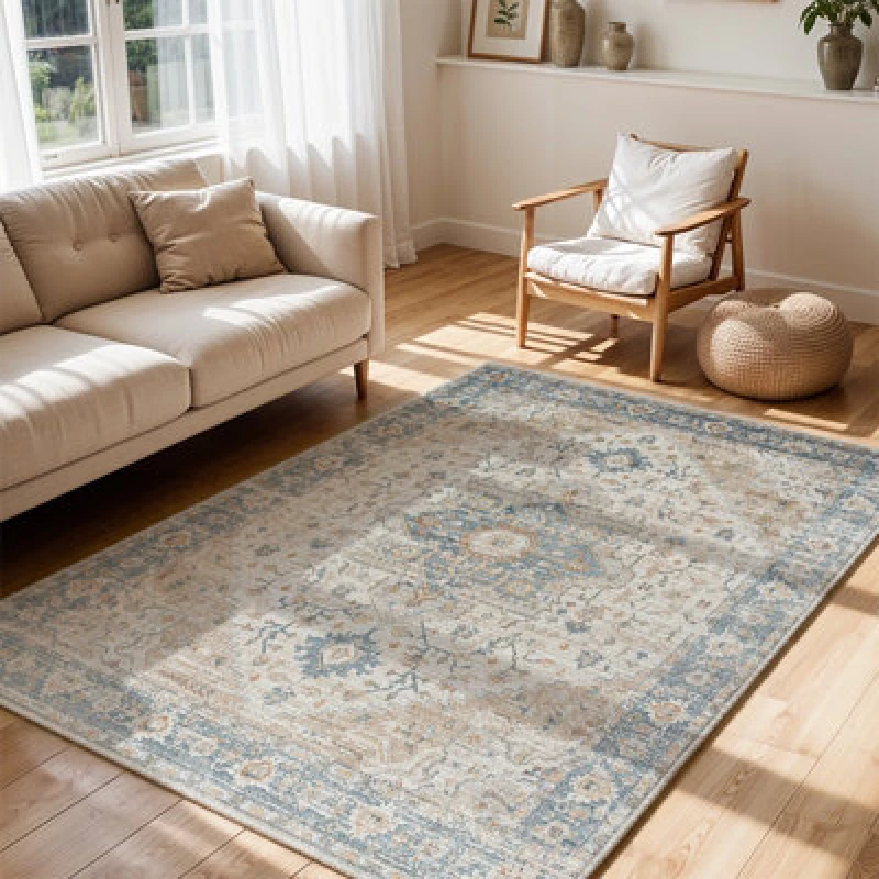 Image of Livabliss Machine Washable Oriental Boho Beige River Area Rug 160 X 213cm - Easy Care, Non Shedding, Ideal For Living Room & Bedroom