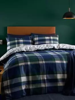 image of Catherine Lansfield Check Reversible Brushed Duvet Cover Set - Navy