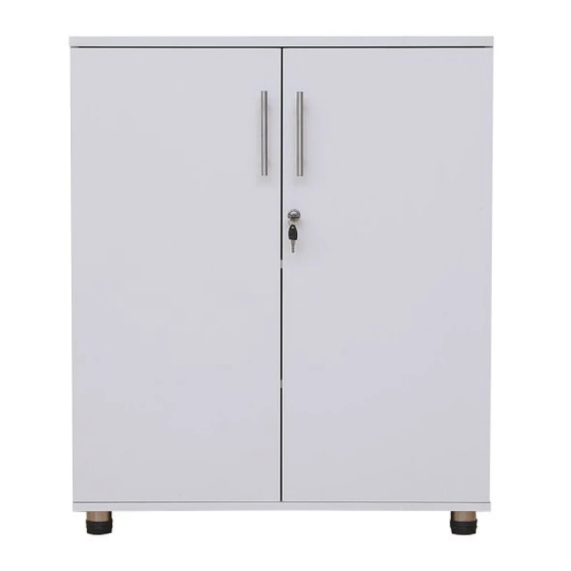 Image of Moderna White Wooden Filing Cabinet, 2 Shelves, Lockable 2 Door, Short Office Cupboard White Unisex